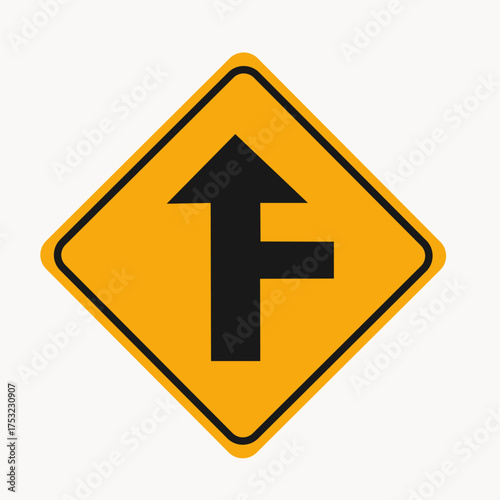 Vector art of t junction ahead sign yellow diamond warning sign indicating a tjunction ahead, alerting drivers to the intersection and potential hazards
