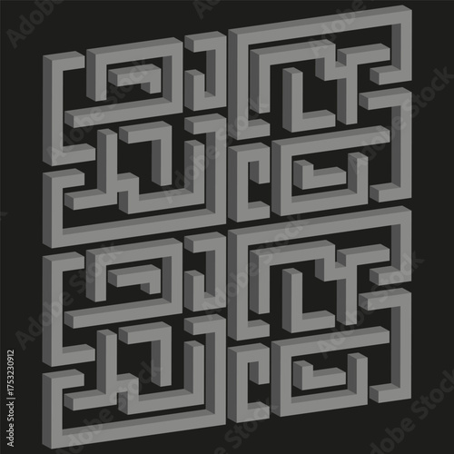Geometric maze pattern. Abstract labyrinth design. Three dimensional structure. Vector puzzle illustration.