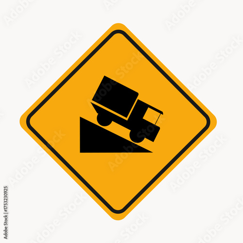 Vector art of yellow traffic sign indicating steep grade ahead be cautious and prepared for the descent, using lower gears to maintain control