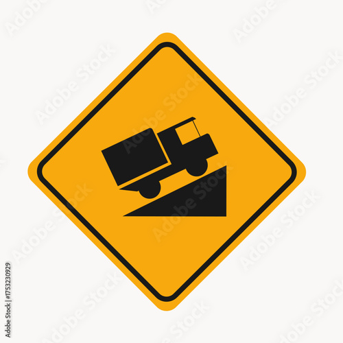 Vector art of yellow traffic sign indicating steep grade ahead be cautious and prepared for the descent, using lower gears to maintain control