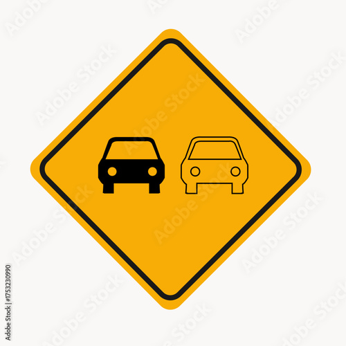 Vector art of overtaking is prohibited sign, alerting drivers to an upcoming intersection with a car, promoting safe driving and awareness of road conditions