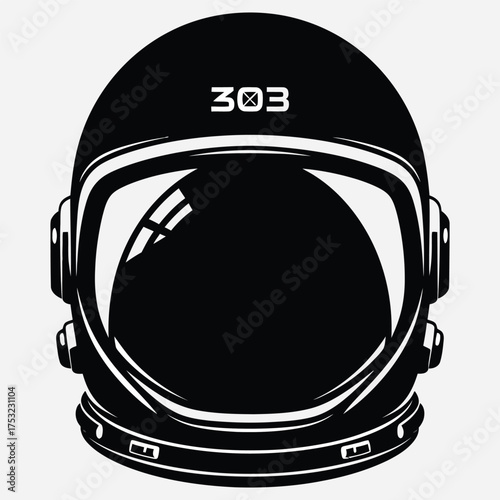 Sleek black and white vector illustration of an astronaut's helmet, featuring a reflective visor and futuristic design, symbolizing space exploration and cosmic journey
