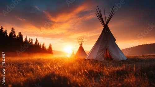 Captivating landscape featuring traditional tipis against a stunning sunset backdrop, symbolizing harmony with nature and evoking a sense of adventure in the great outdoors.