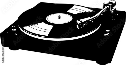 Black Vector Silhouette of Turntable Vinyl Record Player - Music Nostalgia	