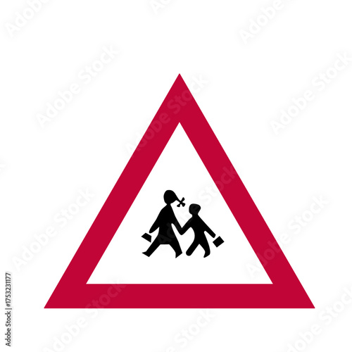 Vector art of warning sign indicating a school crossing ahead, alerting drivers to the potential presence of children and the need to exercise caution