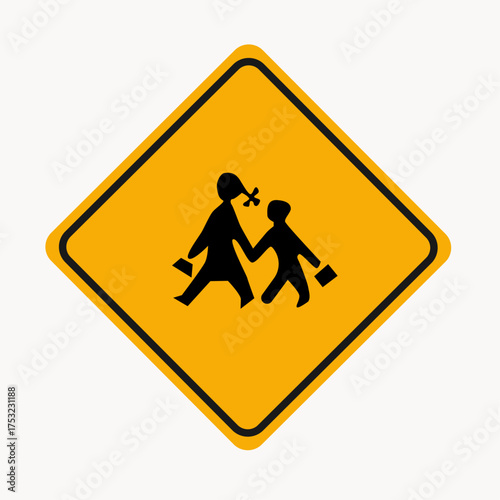 Vector art of yellow school crossing sign indicating a designated area for children to cross the road safely, alerting drivers to exercise caution and watch for pedestrians