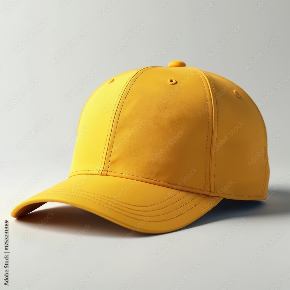 Fototapeta premium Solid mustard yellow baseball cap on clean white studio background. Blank flat-brimmed hat ready for custom branding, logo design, personalization. Minimalist stylish unisex headwear modern sporty