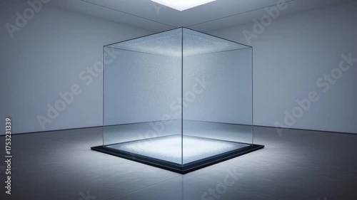 Illuminated Glass Cube: Modern Art Installation in Minimalist Space
