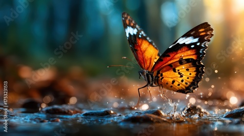 A mesmerizing butterfly elegantly splashes from the water, embodying transformation and beauty as sunlight glistens on nearby droplets in a tranquil natural setting.