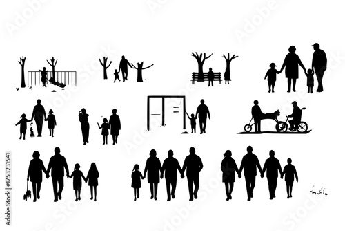 Intergenerational Family Connection Silhouettes: Diverse Family Moments, Grandparents, Parents, Kids Vector Set	