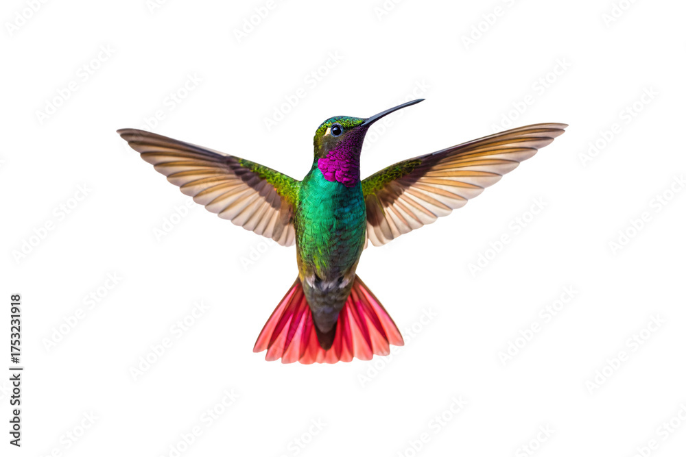 Fototapeta premium Iridescent hummingbird hovering with wings extended showing green, purple throat patch, and coral-red tail feathers, isolated on a transparent background