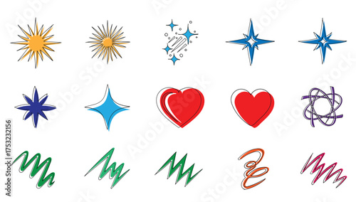 Hand drawn doodles set of hand drawn doodle elements. sun, star, heart, shape, scribble, parkle, flare, burst.