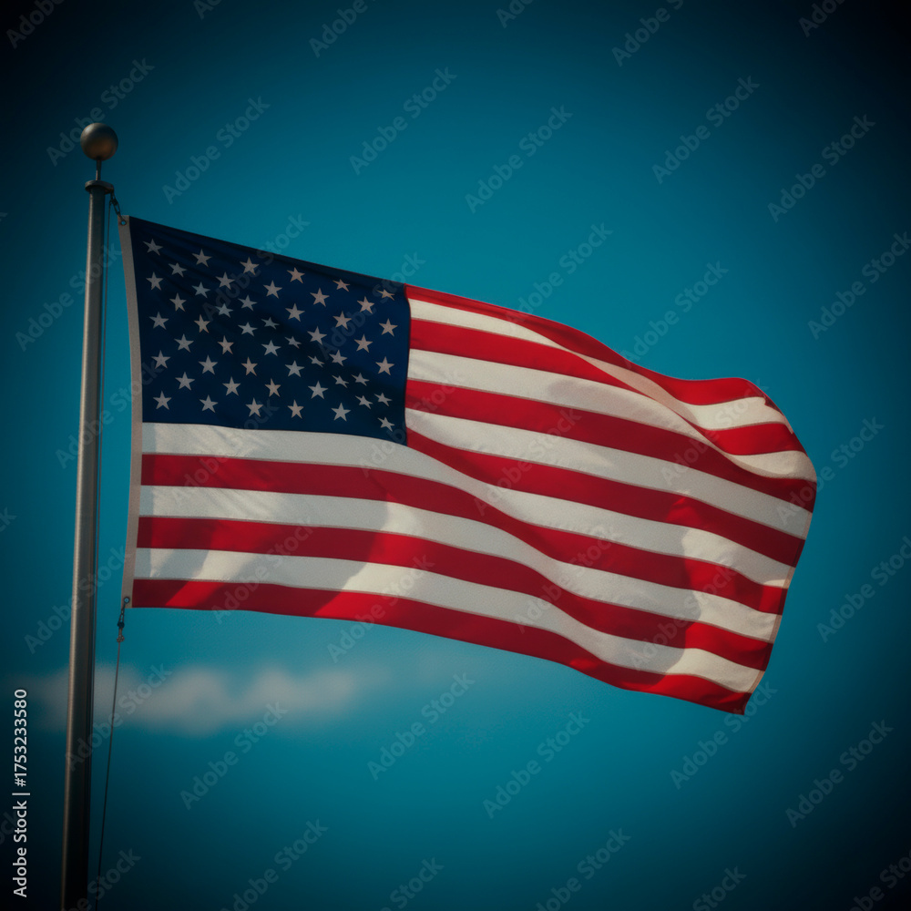 Fototapeta premium Waving American flag against a blue sky, symbolizing freedom and patriotism for Veterans Day and Memorial Day, copy space