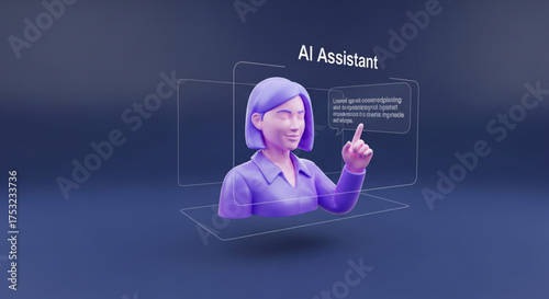 A 3d render of a virtual ai assistant with a speech bubble and text, standing in a blue background