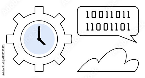 Speech bubble with binary code, clock in gear representing time management, and cloud suggesting data and storage. Ideal for technology, programming, cloud computing, automation, innovation, data or