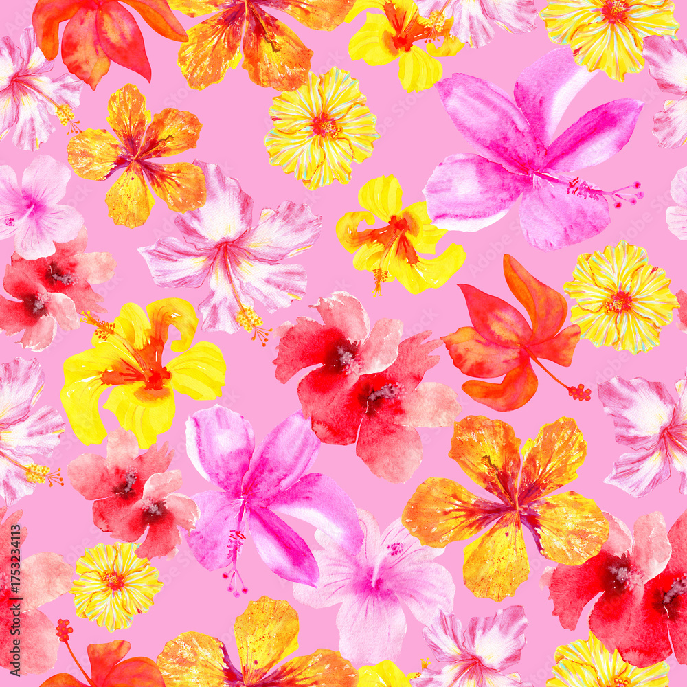 Obraz premium Watercolor Hawaiian hibiscus flowers seamless tropical floral pattern on pink background