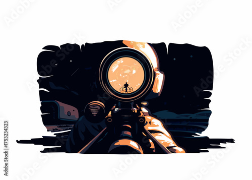 Aiming at the Horizon: An illustration capturing a solitary figure in the scope of a firearm, gazing into the distance with a sense of anticipation or determination. This evokes themes of precision.