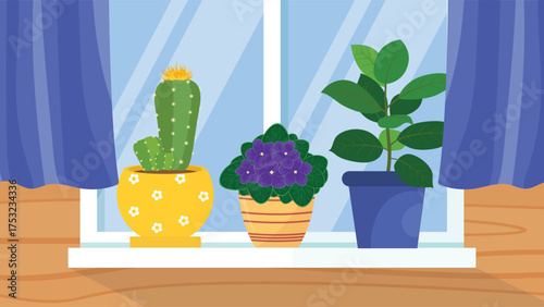 Flat design vector illustration of cactus and succulent plants in pots on window sill.
