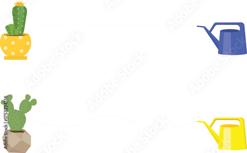 Cactuses in pots and watering can on a white background. Vector illustration.