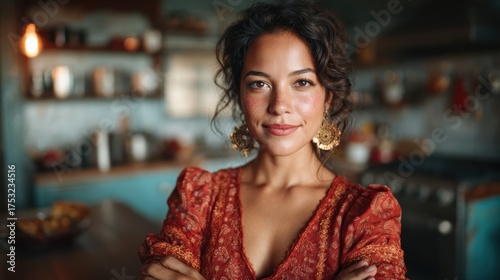 Wallpaper Mural A portrait of a confident woman smiling in a cozy kitchen setting, showcasing warmth, personality, and inviting atmosphere in daily culinary life. Torontodigital.ca