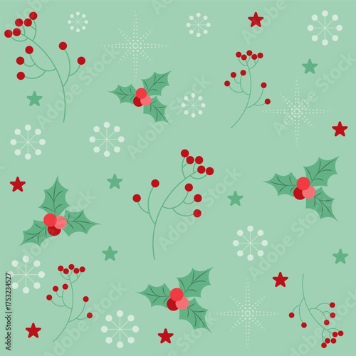 Seamless Christmas and New Year pattern with holly leaves, red berries, stars, and snowflakes on a green background. Ideal for cards, wrapping paper, and festive winter designs. Vector illustration
