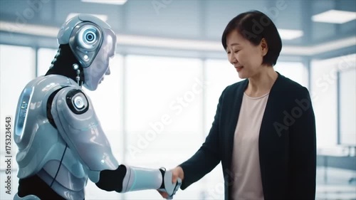 Robot and Woman Shaking Hands A Futuristic Partnership in a Corporate Setting