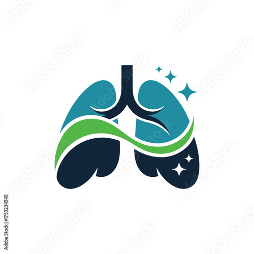Stylized lungs with green and blue curves and sparkling stars respiratory health