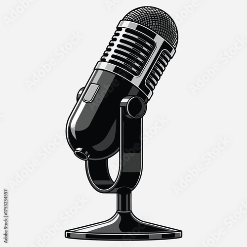 Classic Black and Silver Retro Microphone Icon Design, Perfect for Professional Voice Recording, Live Broadcasting, and Digital Audio Content Creation