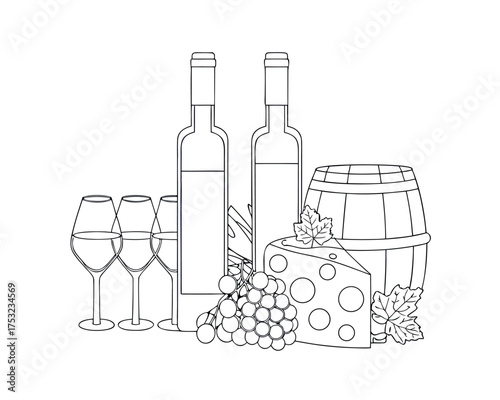 Wine and Culinary Harmony: A classic arrangement of wine bottles, elegant stemware, a wooden barrel, and fresh produce come together, a timeless presentation of the pleasures of gastronomy.