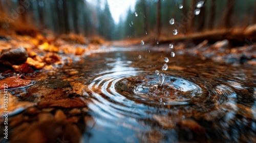 A tranquil view of a stream with raindrops creating ripples in the water and scattered autumn leaves on the riverbed, evoking feelings of peace and connection with nature.