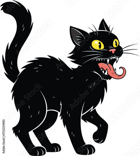 Cartoon Black Cat Hissing with Tongue Out.