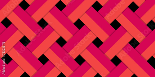 Seamless geometric pattern with interlocking red and pink rectangles creating a modern abstract woven design.