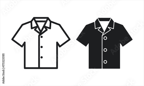 Two simple icons of short sleeve button down shirts one white outline one black silhouette.