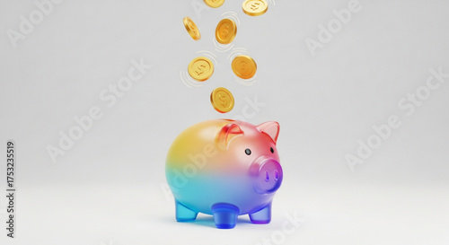 Rainbow piggy bank with falling gold coins, saving money concept in 3d rendering