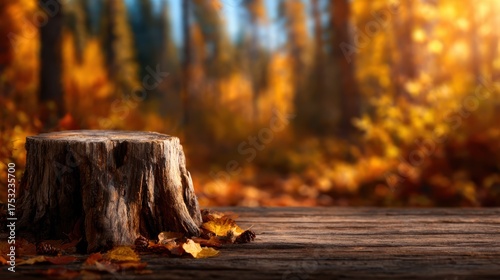A peaceful forest scene featuring an aged stump at the forefront, surrounded by vibrant autumn foliage, inviting a sense of calm and connection to nature's beauty.