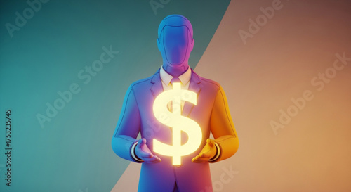 A blue mannequin in a suit holds a glowing dollar sign, symbolizing financial success and investment in a modern and abstract way