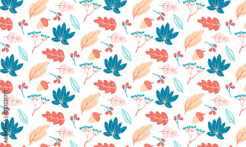 Autumn forest elements Seamless Pattern. Flat vector leaves, acorns, berries. Autumn Background