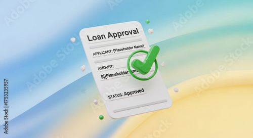 Loan approval document with green check mark for financial agreement and successful application on a blue background