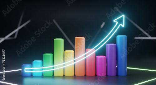 A vibrant 3d bar graph showcases growth and success, with an arrow pointing upwards, symbolizing positive trends and achievements
