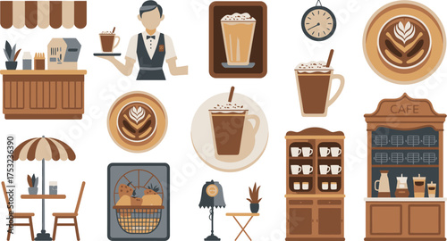 Illustrated Café Coffee Drinks, Waiter, Baked Goods, Furniture, Tables, Cappuccino Art, Plants, and Decorative Elements