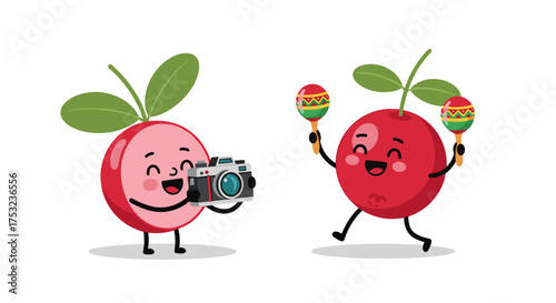 Cute cartoon radishes and cherry with a camera and maracas having fun and dancing.