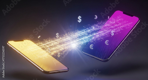 Modern smartphones exchanging dollar and euro symbols in a digital transaction, illustrating global finance and mobile banking