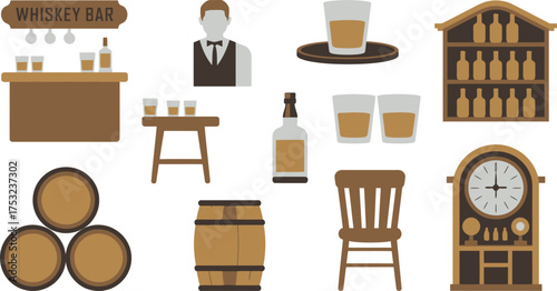 Illustrated Whiskey Bar Bartender, Drinks, Barrels, and Vintage Clock Depiction