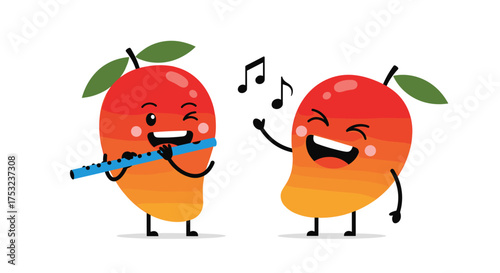 Two anthropomorphic mangoes enjoying playing music together on a white background.