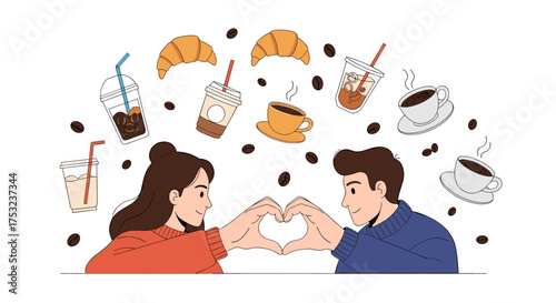 A loving couple shares a moment over coffee and croissants celebrating their shared affection.