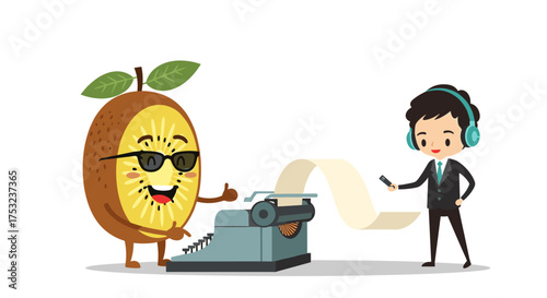 A cheerful kiwi fruit character wearing sunglasses gives a thumbs up while operating an old-fashioned typewriter and a businessman in a suit with headphones is observing.