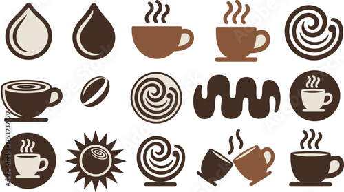 Coffee Icon Set Steaming Cups, Beans, Cream Swirls, and Abstract Elements