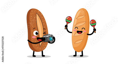 Two cute cartoon loaves of bread one taking a photo of the other while it plays maracas.