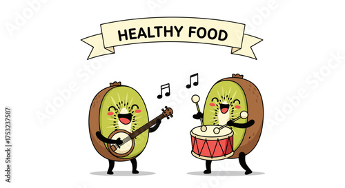 Two animated kiwis happily playing musical instruments as part of healthy food.