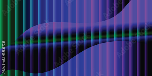 Abstract Neon Waves Over Vertical Bars in Purple, Blue, and Green Gradient for Modern Design